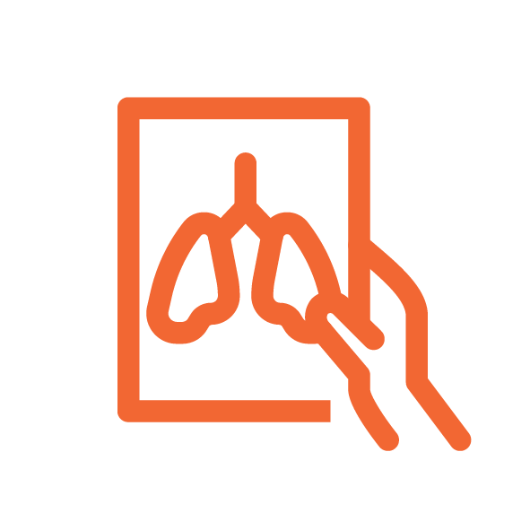 Icon of a hand holding a scan of the lungs, Asthma worsening assessment, modified inhaler, low carbon, GSK 220735 Study.